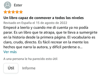 Empecé a leerlo y cuando me di cuenta ya no podía parar. Es un libro que te atrapa, que te lleva a sumergirte en la historia desde la primera página. El vocabulario es claro, crudo, directo. Es fácil recrear en la mente los hechos que narra la autora, y difícil perderse o dejar de prestar atención.
Está muy bien escrito y la manera de profundizar en las emociones y vivencias de los personajes te llevan a comprender su mundo interno poniendo en palabras ideas y conectando experiencias. No se queda en la superficie y es capaz de conmover a todos los niveles.
Verónica, a través de su narración hace que sea fácil ponerse en la piel de Martina, comprender su universo psicológico y entender de dónde nacen sus acciones.
Es de esos libros que te conectan con tus propias emociones y da visibilidad a un tema muy silenciado hoy en día. Disfruté mucho de su lectura. Esperando el próximo libro. Gracias Verónica.