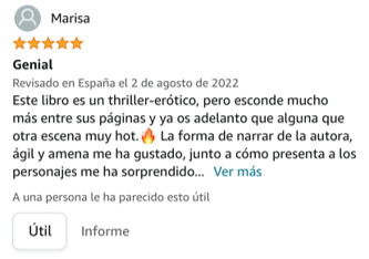 Este libro es un thriller-erótico, pero esconde mucho más entre sus páginas y ya os adelanto que alguna que otra escena muy hot.🔥

La forma de narrar de la autora, ágil y amena me ha gustado, junto a cómo presenta a los personajes me ha sorprendido gratamente.
Una historia muy dura que vas descubriendo según avanzas en su lectura.

Toca temas durísimos que Verónica con gran valentía expone en este libro. Pero no os digo más.
Os animo a darle una oportunidad.

Verónica ha sido un placer leerte, te deseo muchos éxitos.