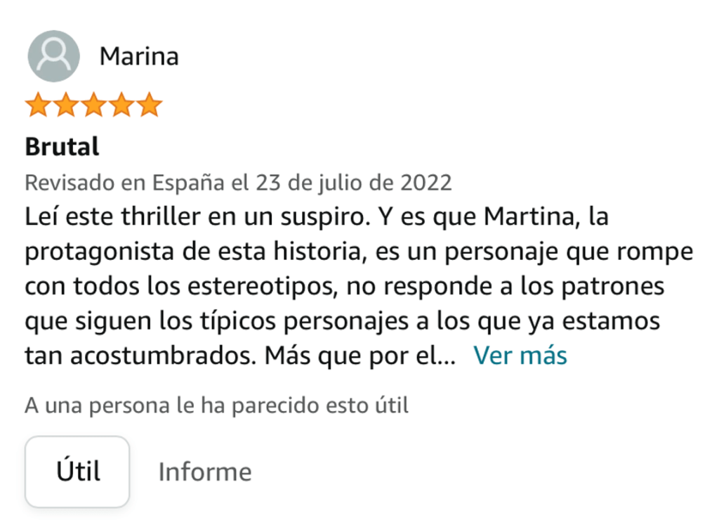 Leí este thriller en un suspiro. Y es que Martina, la protagonista de esta historia, es un personaje que rompe con todos los estereotipos, no responde a los patrones que siguen los típicos personajes a los que ya estamos tan acostumbrados.

Más que por el thriller en sí es por ELLA por lo que a mi me ha encantado este libro!! Todas sus decisiones, la forma de afrontar cada situación y todos los follones en los que se mete 😂 me han mantenido enganchada a las páginas de este libro y es por ello que os lo recomiendo muchísimo pero muchísimo!!

PD: no creáis que vais a amar a Martina desde el comienzo, ella no es de las que se hacen querer