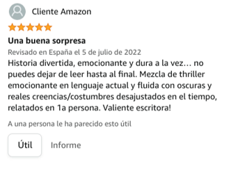 Historia divertida, emocionante y dura a la vez… no puedes dejar de leer hasta al final. Mezcla de thriller emocionante en lenguaje actual y fluida con oscuras y reales creencias/costumbres desajustados en el tiempo, relatados en 1a persona. Valiente escritora!