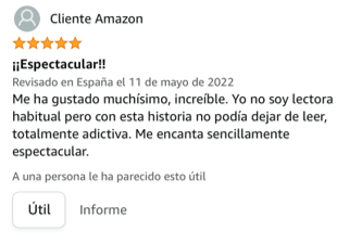 Me ha gustado muchísimo, increíble. Yo no soy lectora habitual pero con esta historia no podía dejar de leer, totalmente adictiva. Me encanta sencillamente espectacular.